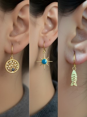 NKT Collection Balık Mavi Kutup Yıldızı Hayat Ağacı Sembol Figürlü 3’lü Kadın Küpe Set