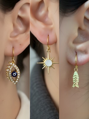 NKT Collection Beyaz Kutup Yıldızı Balık Nazar Göz Sembol Figürlü 3’lü Kadın Küpe Set