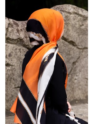 Vissona %100 Ipek Geometrik Desenli Siyah - Turuncu Renkli 92X210 Şal