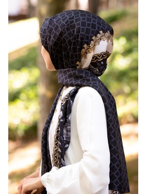 Vissona %100 Ipek Yaprak Desenli Siyah - Gold Renkli 92X210 Şal
