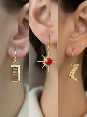 NKT Collection Kovboy Çizmesi Kırmızı Kutup Yıldızı Külçe Altın Sembol Figürlü 3’lü Kadın Küpe Set