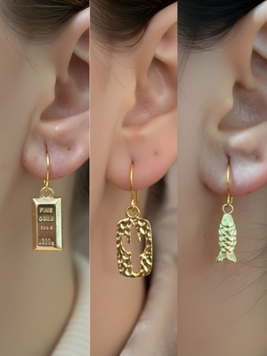 NKT Collection Kaktüs Balık Külçe Altın Sembol Figürlü 3’lü Kadın Küpe Set