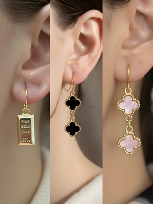 NKT Collection Siyah Yonca Pembe Yonca Külçe Altın Sembol Figürlü 3’lü Kadın Küpe Set