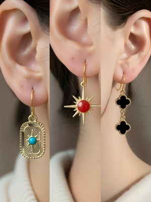 NKT Collection Siyah Yonca Tablet Kutup Yıldızı Kırmızı Kutup Yıldızı Sembol Figürlü 3’lü Kadın Küpe Set