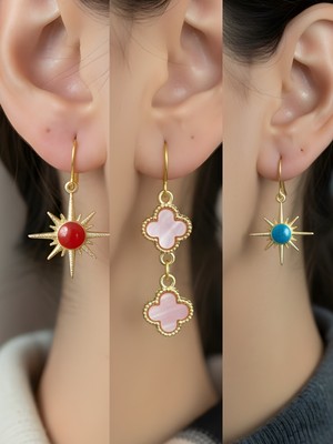 NKT Collection Mavi Kutup Yıldızı Pembe Yonca Kırmızı Kutup Yıldızı Sembol Figürlü 3’lü Kadın Küpe Set