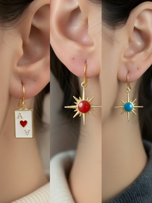 NKT Collection Mavi Kutup Yıldızı Kırmızı Kutup Yıldızı Kupa As Sembol Figürlü 3’lü Kadın Küpe Set