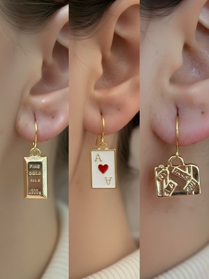 NKT Collection Bavul Kupa As Külçe Altın Sembol Figürlü 3’lü Kadın Küpe Set