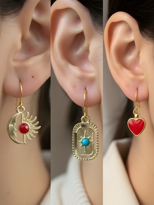 NKT Collection Tablet Kutup Yıldızı Kırmızı Kalp Ay Güneş Sembol Figürlü 3’lü Kadın Küpe Set