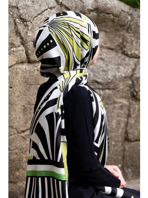 Vissona %100 Ipek Yelpaze Desenli Fıstık Yeşili - Siyah Renkli 92X210 Şal