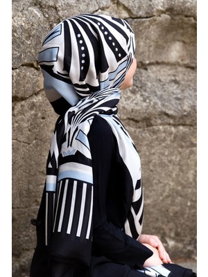 Vissona %100 Ipek Yelpaze Desenli Buz Mavisi - Siyah Renkli 92X210 Şal