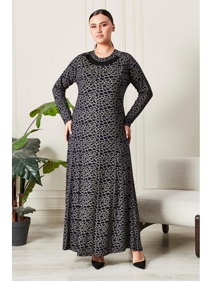 FERACE Kadın Buyuk Beden Yakası Taşlı Penye Elbise