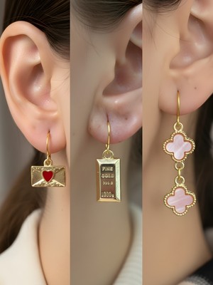 NKT Collection Pembe Yonca Külçe Altın Kalp Zarf Sembol Figürlü 3’lü Kadın Küpe Set