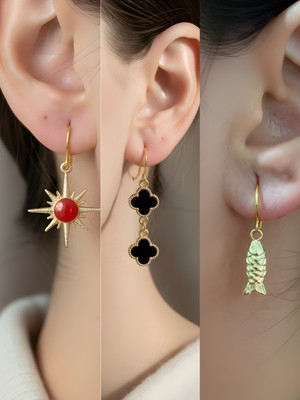 NKT Collection Balık Siyah Yonca Kırmızı Kutup Yıldızı Sembol Figürlü 3’lü Kadın Küpe Set