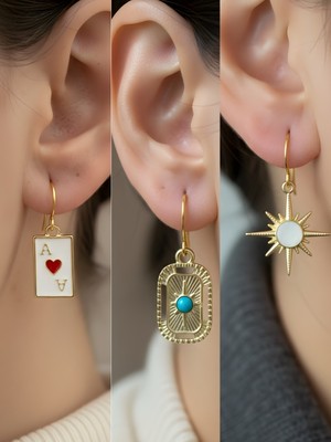 NKT Collection Beyaz Kutup Yıldızı Tablet Kutup Yıldızı Kupa As Sembol Figürlü 3’lü Kadın Küpe Set