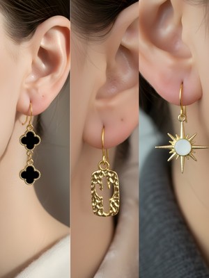 NKT Collection Beyaz Kutup Yıldızı Kaktüs Siyah Yonca Sembol Figürlü 3’lü Kadın Küpe Set