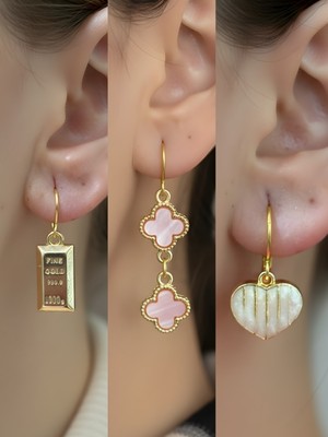 NKT Collection Beyaz Kalp Pembe Yonca Külçe Altın Sembol Figürlü 3’lü Kadın Küpe Set