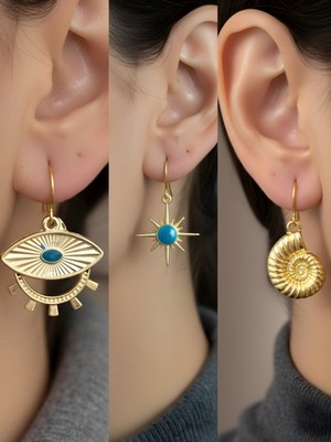 NKT Collection Deniz Kabuğu Mavi Kutup Yıldızı Göz Sembol Figürlü 3’lü Kadın Küpe Set