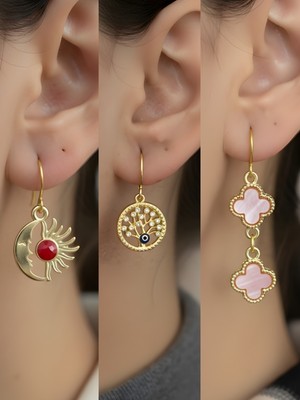 NKT Collection Pembe Yonca Hayat Ağacı Ay Güneş Sembol Figürlü 3’lü Kadın Küpe Set