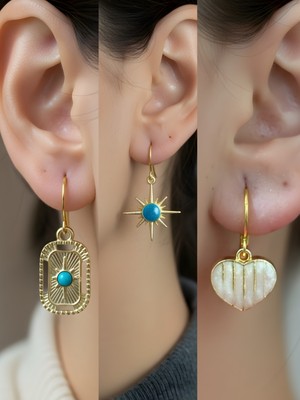 NKT Collection Beyaz Kalp Mavi Kutup Yıldızı Tablet Kutup Yıldızı Sembol Figürlü 3’lü Kadın Küpe Set