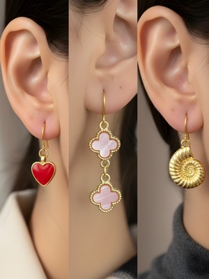 NKT Collection Deniz Kabuğu Pembe Yonca Kırmızı Kalp Sembol Figürlü 3’lü Kadın Küpe Set