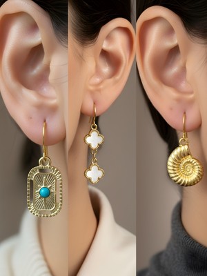 NKT Collection Deniz Kabuğu Tablet Kutup Yıldızı Beyaz Yonca Sembol Figürlü 3’lü Kadın Küpe Set