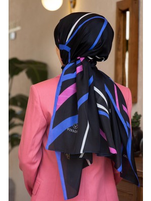 Vissona 100% Ipek Çizgi Desenli Siyah - Saks Renkli Şal