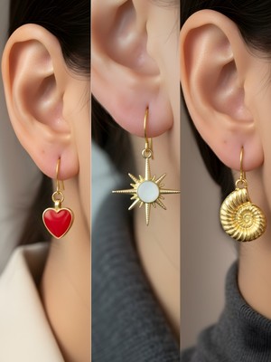 NKT Collection Beyaz Kutup Yıldızı Deniz Kabuğu Kırmızı Kalp Sembol Figürlü 3’lü Kadın Küpe Set