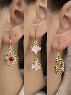 NKT Collection Kaktüs Pembe Yonca Ay Güneş Sembol Figürlü 3’lü Kadın Küpe Set