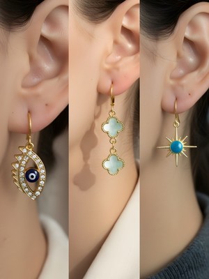 NKT Collection Mavi Kutup Yıldızı Turkuaz Yonca Nazar Göz Sembol Figürlü 3’lü Kadın Küpe Set