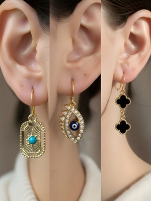 NKT Collection Siyah Yonca Tablet Kutup Yıldızı Nazar Göz Sembol Figürlü 3’lü Kadın Küpe Set