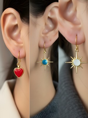 NKT Collection Beyaz Kutup Yıldızı Mavi Kutup Yıldızı Kırmızı Kalp Sembol Figürlü 3’lü Kadın Küpe Set