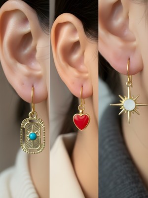 NKT Collection Beyaz Kutup Yıldızı Tablet Kutup Yıldızı Kırmızı Kalp Sembol Figürlü 3’lü Kadın Küpe Set