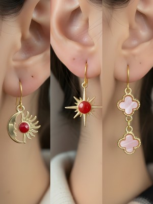 NKT Collection Pembe Yonca Kırmızı Kutup Yıldızı Ay Güneş Sembol Figürlü 3’lü Kadın Küpe Set