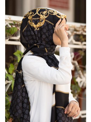 Vissona %100 Ipek Monogram ve Varak Desenli Siyah - Gold Renkli 92X210 Şal