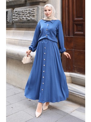 Gömlek Yaka Tesettür Tunik Etek Ikili Takım 0223-02 Indigo