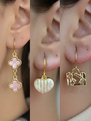 NKT Collection Beyaz Kalp Bavul Pembe Yonca Sembol Figürlü 3’lü Kadın Küpe Set