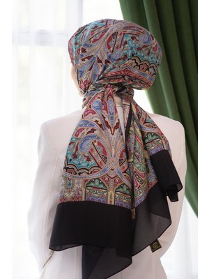 Vissona %100 Ipek Etnik Desenli Siyah - Zümrüt Yeşili Renkli 92X210 Şal