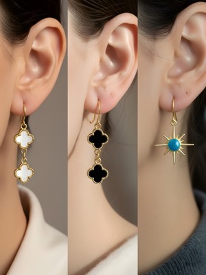 NKT Collection Mavi Kutup Yıldızı Siyah Yonca Beyaz Yonca Sembol Figürlü 3’lü Kadın Küpe Set