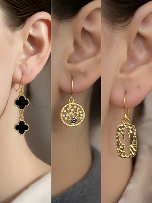 NKT Collection Kaktüs Siyah Yonca Hayat Ağacı Sembol Figürlü 3’lü Kadın Küpe Set