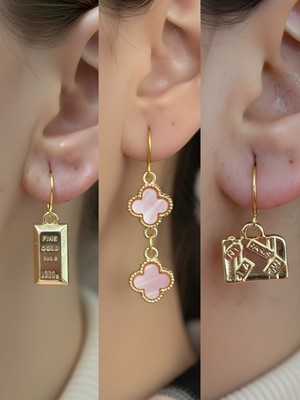 NKT Collection Bavul Pembe Yonca Külçe Altın Sembol Figürlü 3’lü Kadın Küpe Set