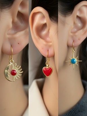 NKT Collection Mavi Kutup Yıldızı Kırmızı Kalp Ay Güneş Sembol Figürlü 3’lü Kadın Küpe Set