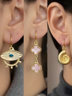 NKT Collection Deniz Kabuğu Pembe Yonca Göz Sembol Figürlü 3’lü Kadın Küpe Set