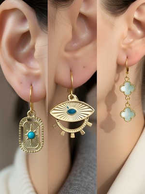 NKT Collection Turkuaz Yonca Göz Tablet Kutup Yıldızı Sembol Figürlü 3’lü Kadın Küpe Set