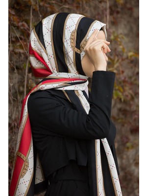 Vissona 100% Ipek Kemer Desenli Kırmızı - Siyah Renkli Şal