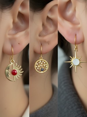 NKT Collection Beyaz Kutup Yıldızı Hayat Ağacı Ay Güneş Sembol Figürlü 3’lü Kadın Küpe Set