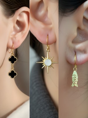 NKT Collection Beyaz Kutup Yıldızı Balık Siyah Yonca Sembol Figürlü 3’lü Kadın Küpe Set