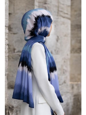 Vissona Lüks Medine Ipeği Frekans  Desenli Indigo Renkli 75X195 Kırışmaz Şal Moss Krep Dikiş Tipi Italyan Dikişli