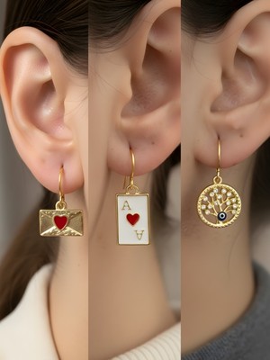 NKT Collection Hayat Ağacı Kupa As Kalp Zarf Sembol Figürlü 3’lü Kadın Küpe Set