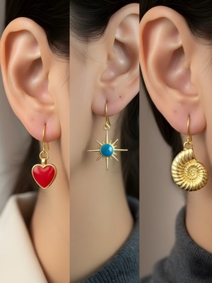 NKT Collection Deniz Kabuğu Mavi Kutup Yıldızı Kırmızı Kalp Sembol Figürlü 3’lü Kadın Küpe Set