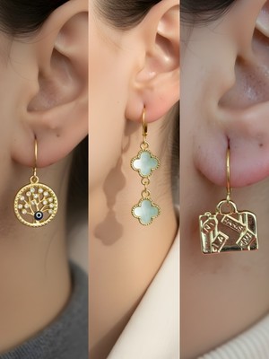 NKT Collection Bavul Turkuaz Yonca Hayat Ağacı Sembol Figürlü 3’lü Kadın Küpe Set